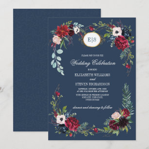 Navy Blue Burgundy Bloom Watercolor Wedding Invitation