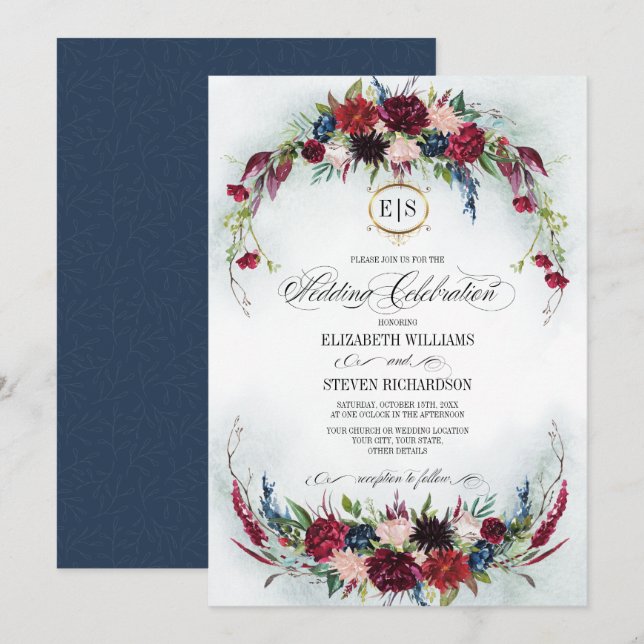Navy Blue | Burgundy Bloom Watercolor Wedding Invitation (Front/Back)