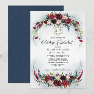 Navy Blue   Burgundy Bloom Watercolor Wedding Invitation