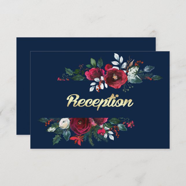 Navy Blue | Burgundy Bloom Wedding Reception Cards (Front/Back)