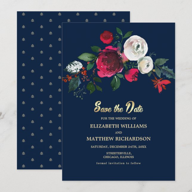 Navy Blue | Burgundy  Bloom Wedding Save the Date Invitation (Front/Back)