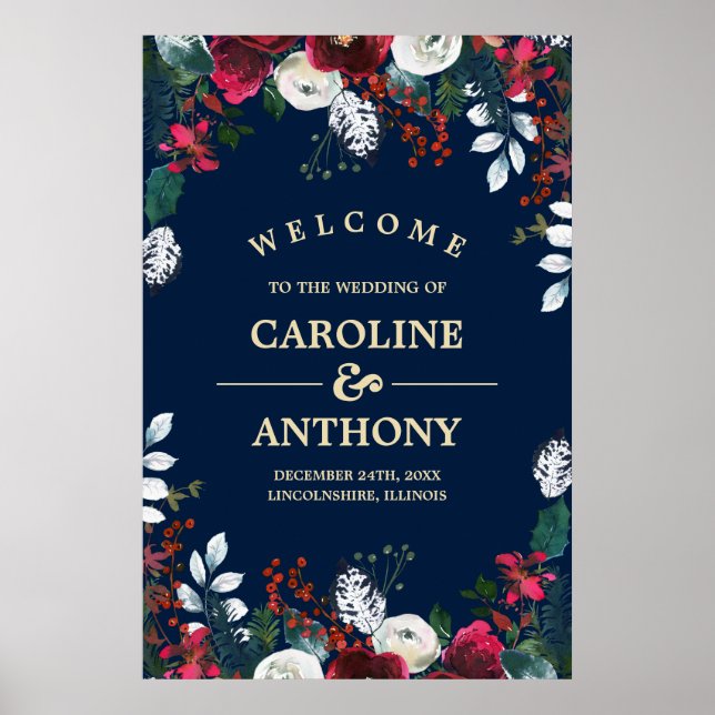 Navy Blue | Burgundy Bloom Wedding Welcome Sign (Front)