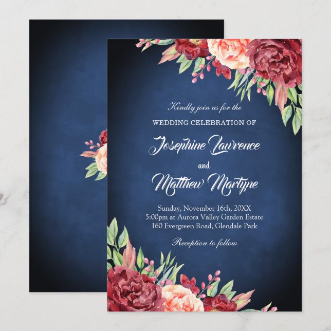 Navy Blue Burgundy Blush Elegant Floral Wedding Invitation (Front/Back)