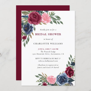 Navy Blue Burgundy Blush Floral Bridal Shower Invitation