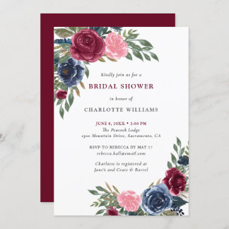 Navy Blue Burgundy Blush Floral Bridal Shower Invitation