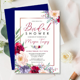 Navy Blue Burgundy  & Blush Floral Bridal Shower Invitation
