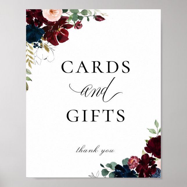 Navy Blue Burgundy Blush Floral Cards Gifts Sign (Front)