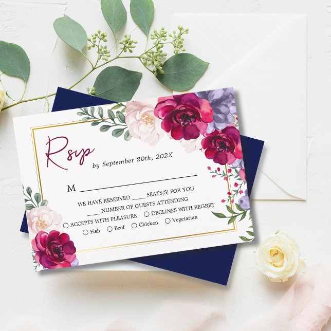 Navy Blue Burgundy & Blush Floral Gold Frame RSVP Enclosure Card (Creator Uploaded)