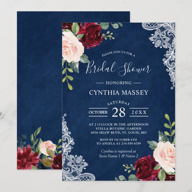 Navy Blue Burgundy Blush Floral Lace Bridal Shower Invitation (Front/Back)