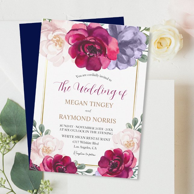 Navy Blue Burgundy  Blush Floral Luxurious Wedding Invitation (Creator Uploaded)