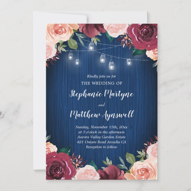 Navy Blue Burgundy Blush Floral Mason Jar Wedding Invitation (Front)