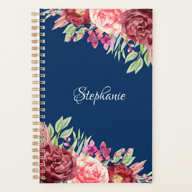 Navy Blue Burgundy Blush Floral Personalised Planner (Front)