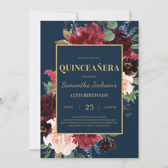 Navy blue burgundy blush floral quinceanera invitation (Front)