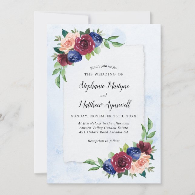 Navy Blue Burgundy Blush Floral Watercolor Wedding Invitation (Front)