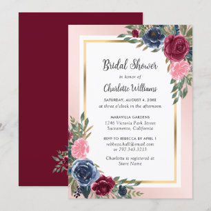 Navy Blue Burgundy Blush Gold Floral Bridal Shower Invitation
