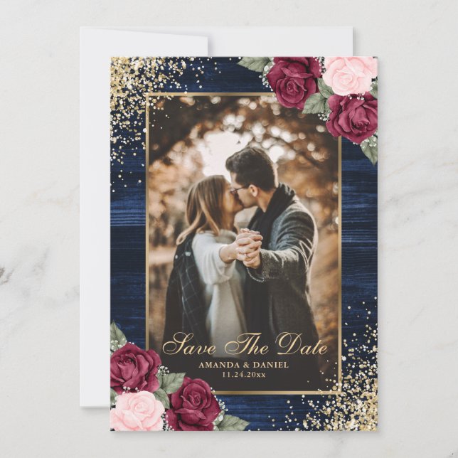 Navy Blue Burgundy Blush Gold Floral Wedding Photo Save The Date (Front)
