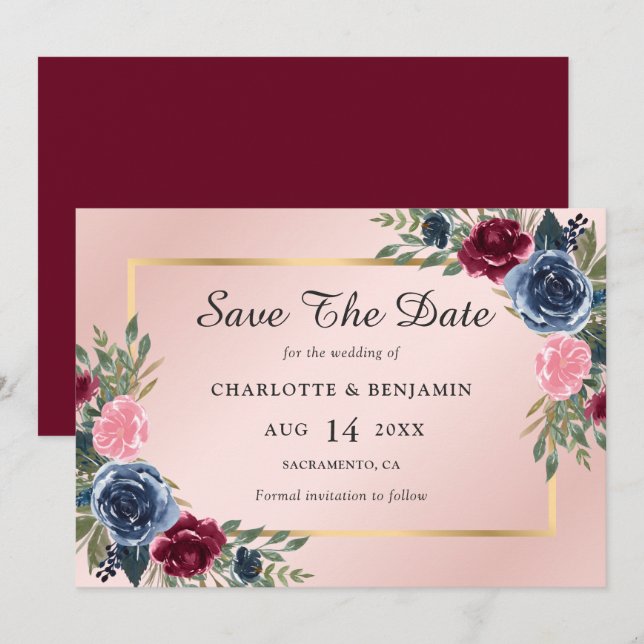 Navy Blue Burgundy Blush Gold Floral Wedding Save The Date (Front/Back)