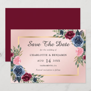 Navy Blue Burgundy Blush Gold Floral Wedding Save The Date