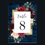 Navy Blue Burgundy Blush Gold Rustic Wedding Table Number<br><div class="desc">Design features a dark navy blue barn wood grain plank background decorated with an elegant floral wreath of peony rose flowers, eucalyptus greenery and more in shades of burgundy, Marsala red, maroon, blush pink etc. Design also features a printed gold coloured border underneath the floral wreath for a modern look....</div>