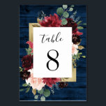 Navy Blue Burgundy Blush Gold Rustic Wedding Table Number<br><div class="desc">Design features a dark navy blue barn wood grain plank background decorated with an elegant floral wreath of peony rose flowers, eucalyptus greenery and more in shades of burgundy, Marsala red, maroon, blush pink etc. Design also features a printed gold coloured border underneath the floral wreath for a modern look....</div>