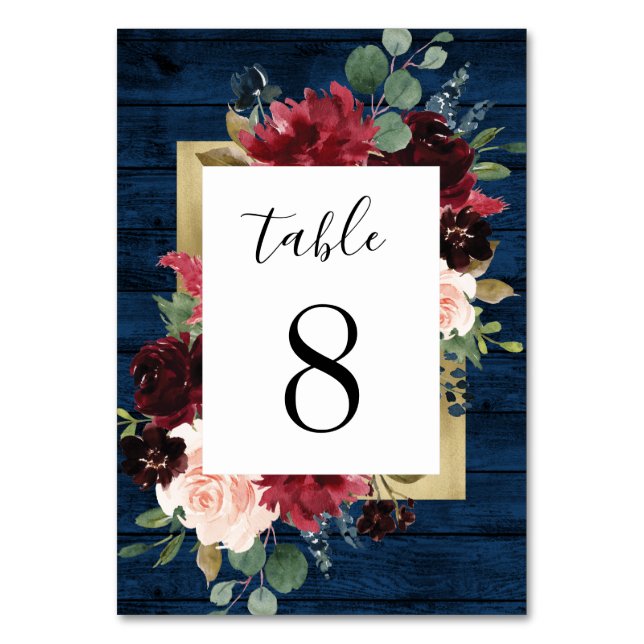 Navy Blue Burgundy Blush Gold Rustic Wedding Table Number (Front)