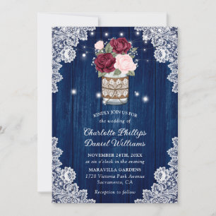 Navy Blue Burgundy Blush Lace Mason Jar Wedding Invitation