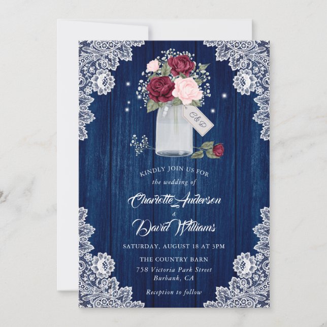 Navy Blue Burgundy Blush Lace Mason Jar Wedding Invitation (Front)