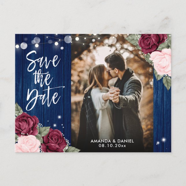 Navy Blue Burgundy Blush Photo Save The Date Announcement Postcard (Front)