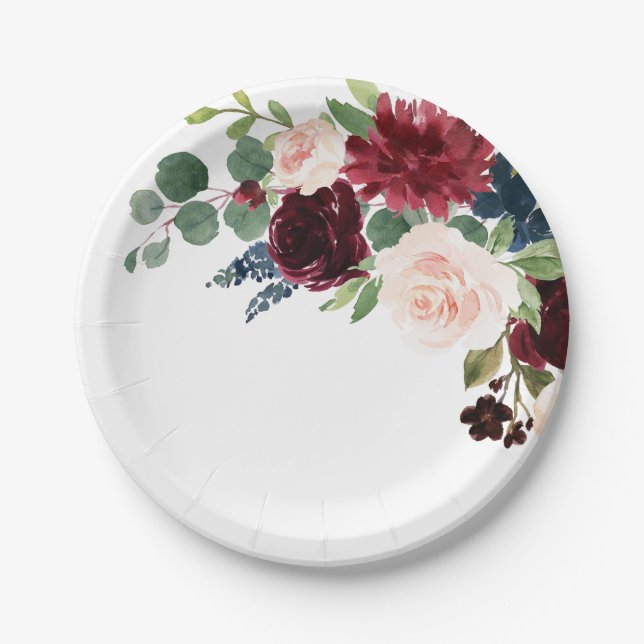Navy Blue Burgundy Blush Pink Botanical Wedding Paper Plate (Front)