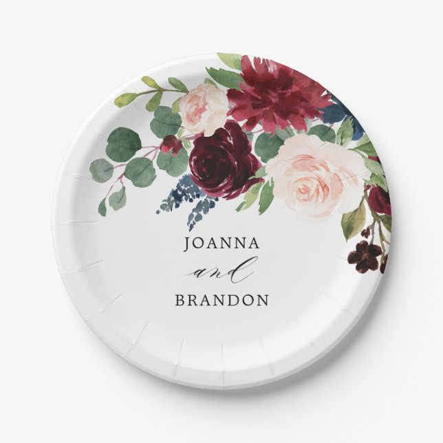 Navy Blue Burgundy Blush Pink Botanical Wedding Paper Plate (Front)