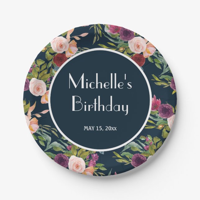 Navy Blue Burgundy Blush Pink Floral Birthday Paper Plate (Front)