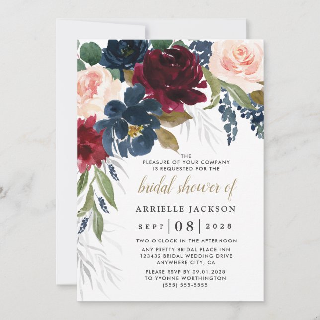 Navy Blue Burgundy Blush Pink Floral Bridal Shower Invitation (Front)