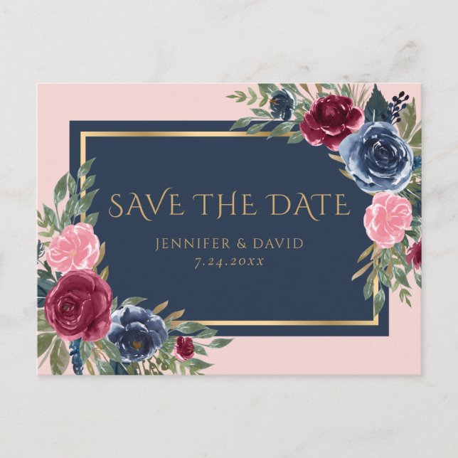 Navy Blue Burgundy Blush Pink Floral Save The Date Announcement Postcard (Front)