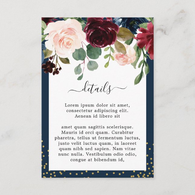 Navy Blue Burgundy Blush Pink Floral Wedding Enclosure Card (Front)