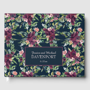 Navy Blue Burgundy Blush Pink Floral Wedding Guest Book