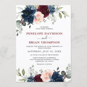 Navy Blue Burgundy Blush Pink Floral Wedding Invitation