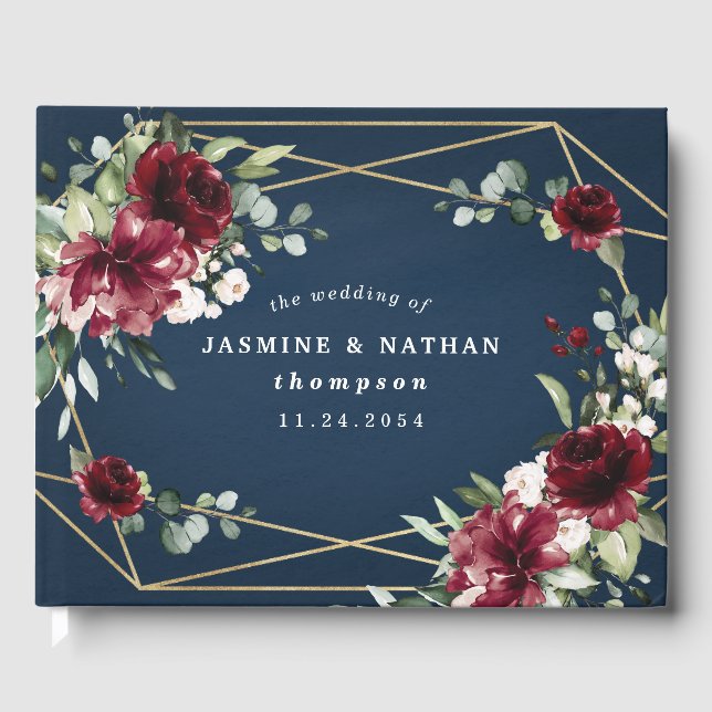 Navy Blue Burgundy Blush Pink Gold Floral Wedding Guest Book (Front)