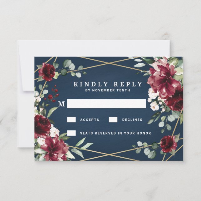 Navy Blue Burgundy Blush Pink Gold Floral Wedding RSVP Card (Front)