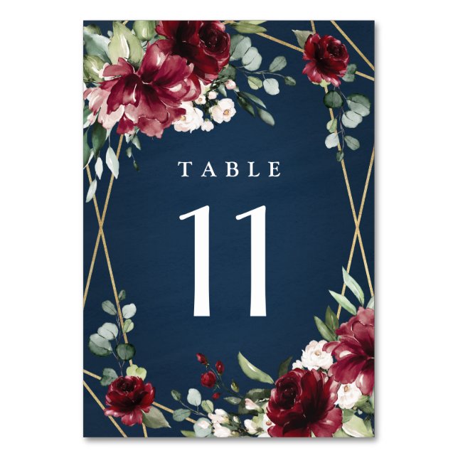 Navy Blue Burgundy Blush Pink Gold Floral Wedding Table Number (Front)