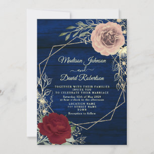 Navy Blue Burgundy Blush Pink Gold Wedding Invitation