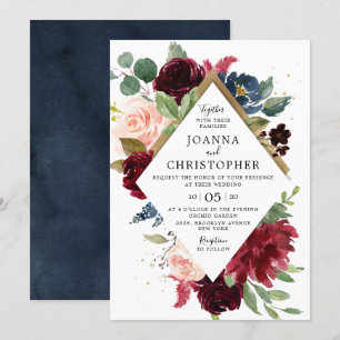 Navy Blue Burgundy Blush Pink Rose Boho Wedding Invitation