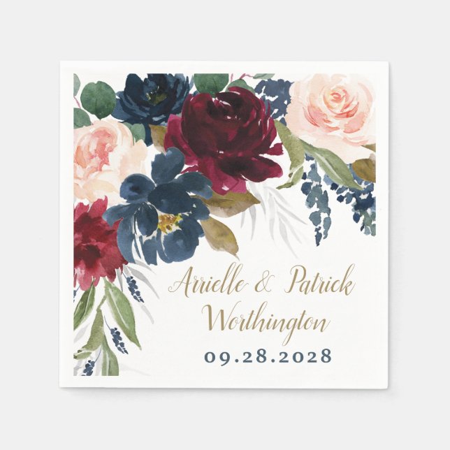 Navy Blue Burgundy Blush Pink Silver Gold Wedding Napkin (Front)