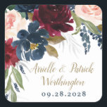 Navy Blue Burgundy Blush Pink Silver Gold Wedding Square Sticker<br><div class="desc">Design features beautiful watercolor floral elements (peony roses,  several elegant English rose elements,  etc) in shades of burgundy red,  blush pink peach,  navy blue and more over eucalyptus greenery,  leaf elements,  and more in shades of green,  silver and antique gold.</div>