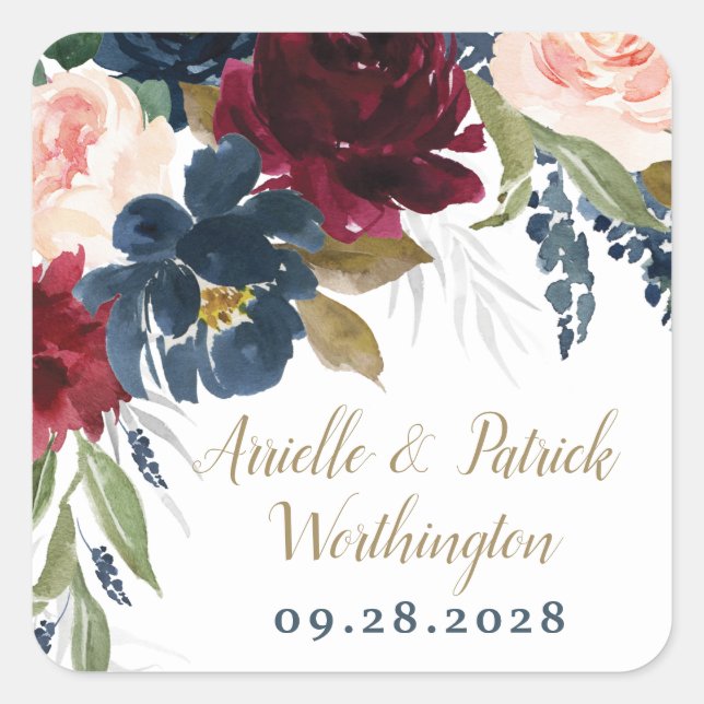 Navy Blue Burgundy Blush Pink Silver Gold Wedding Square Sticker (Front)
