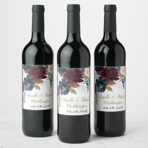 Navy Blue Burgundy Blush Pink Silver Gold Wedding Wine Label
