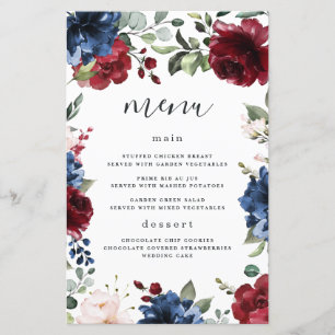 Navy Blue Burgundy Blush Pink Wedding Menu Cards
