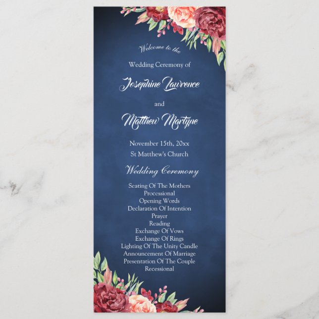 Navy Blue Burgundy Blush Rose Floral Wedding Programme (Front)