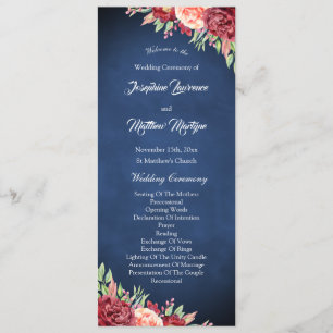 Navy Blue Burgundy Blush Rose Floral Wedding Programme