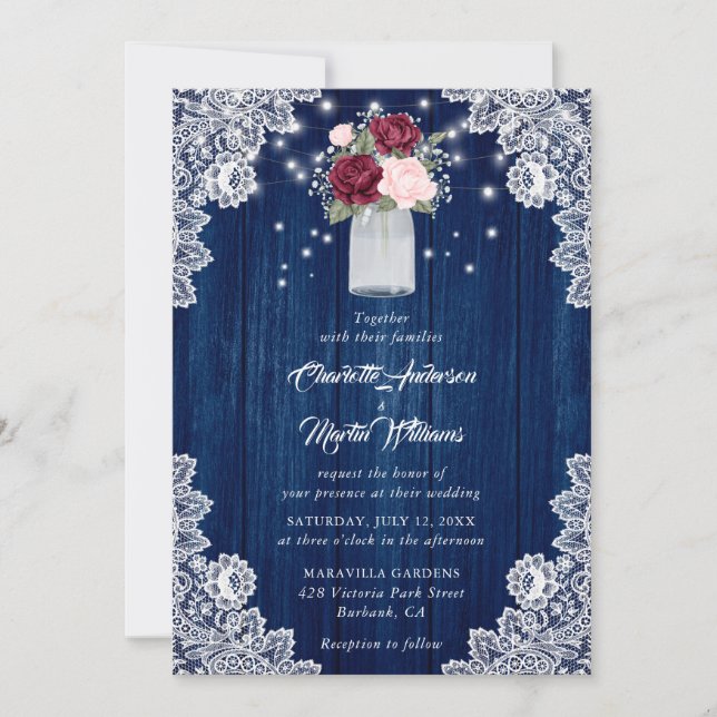 Navy Blue Burgundy Blush Rose Wood Floral Wedding Invitation (Front)