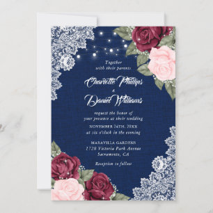 Navy Blue Burgundy Blush Rustic Floral Wedding Invitation